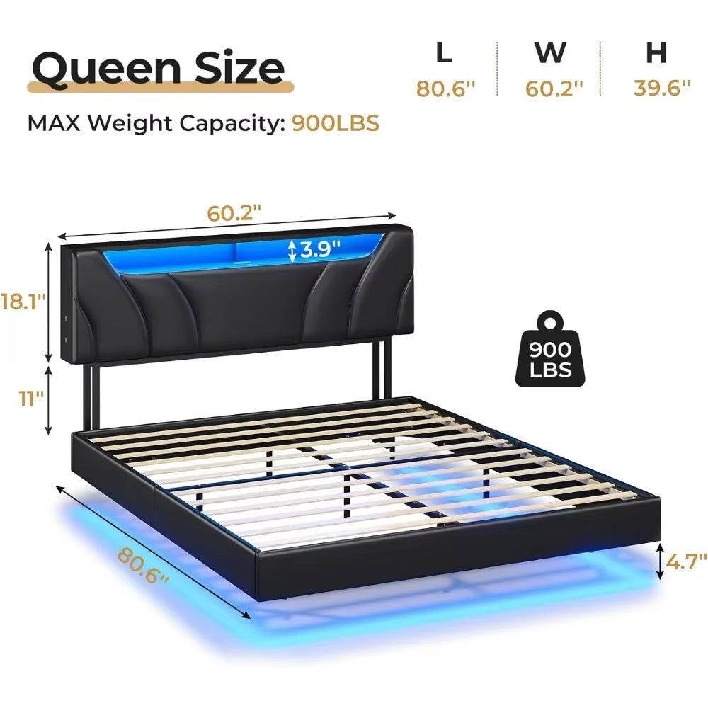 Queen Floating Bed Frame with Storage Headboard and LED Lights , LED Platformbed Frame with Type-C & USB Port and Storage