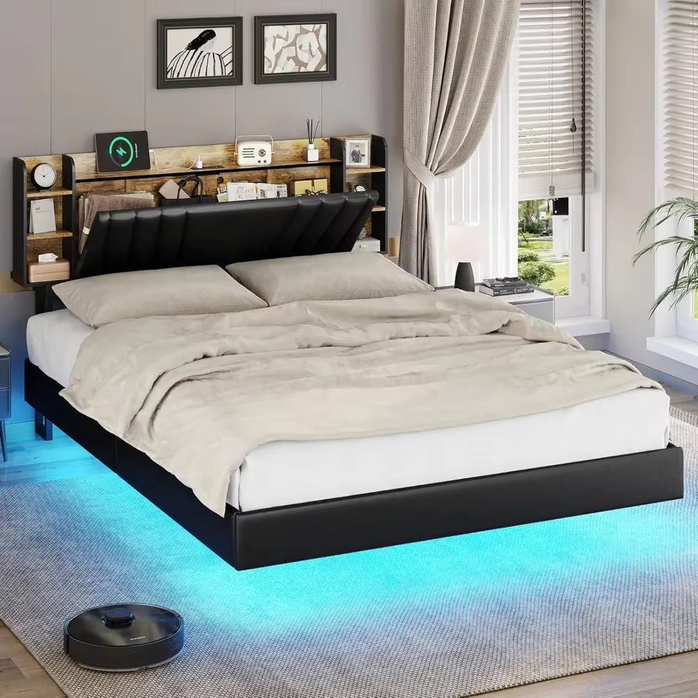 Queen Floating Bed Frame with Storage Headboard and LED Lights , LED Platformbed Frame with Type-C & USB Port and Storage