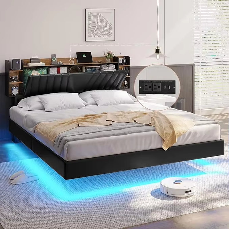 Queen Floating Bed Frame with Storage Headboard and LED Lights , LED Platformbed Frame with Type-C & USB Port and Storage
