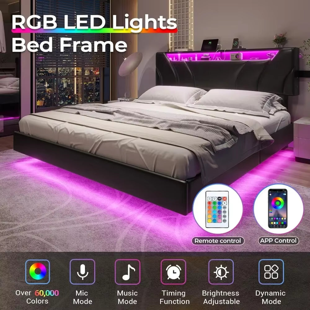 Queen Floating Bed Frame with Storage Headboard and LED Lights , LED Platformbed Frame with Type-C & USB Port and Storage
