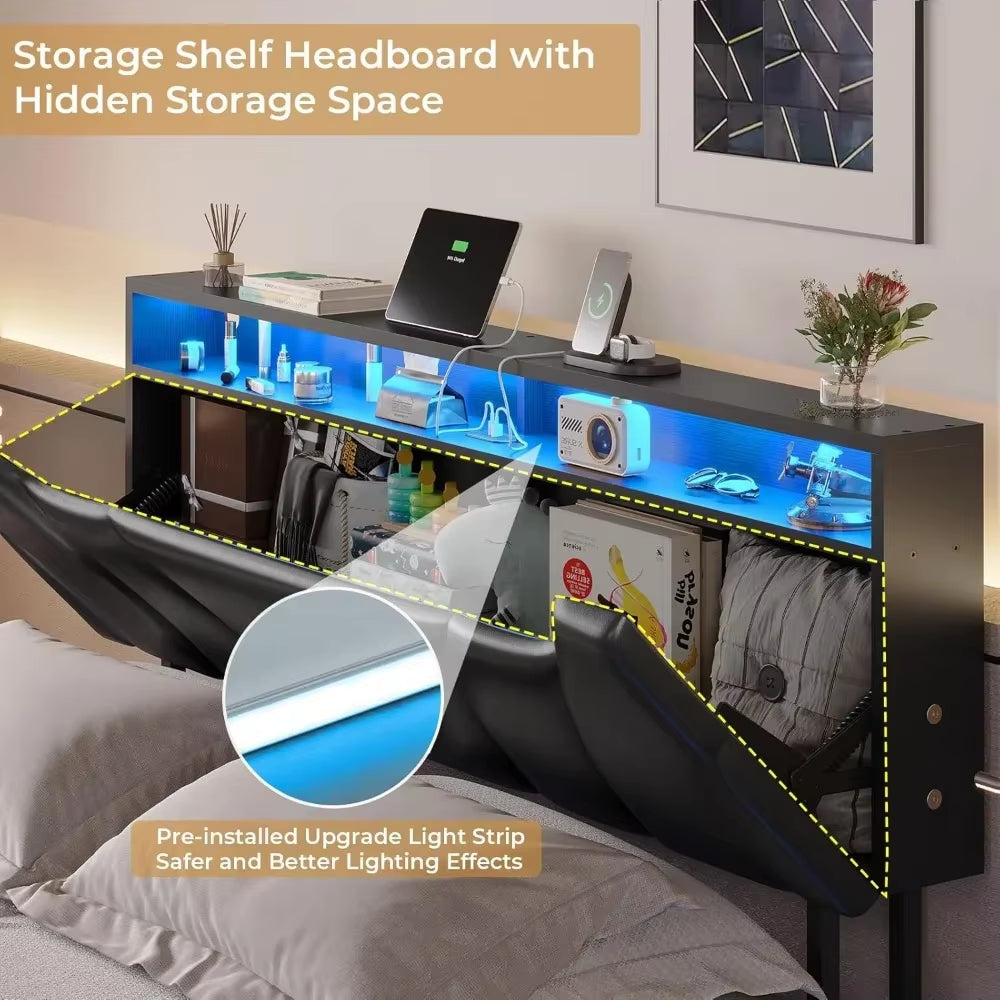 Queen Floating Bed Frame with Storage Headboard and LED Lights , LED Platformbed Frame with Type-C & USB Port and Storage