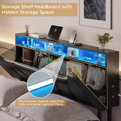 Queen Floating Bed Frame with Storage Headboard and LED Lights , LED Platformbed Frame with Type-C & USB Port and Storage