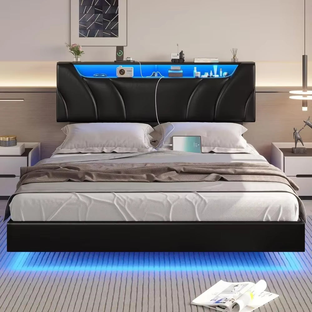 Queen Floating Bed Frame with Storage Headboard and LED Lights , LED Platformbed Frame with Type-C & USB Port and Storage