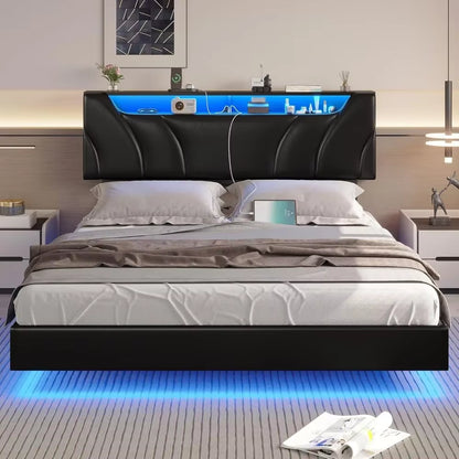Queen Floating Bed Frame with Storage Headboard and LED Lights , LED Platformbed Frame with Type-C & USB Port and Storage