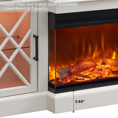 3-Sided Glass Farmhouse 70" Fireplace TV Stand for Tvs up to 80", Highboy Entertainment Center with 36" Electric Fireplace, Antique White