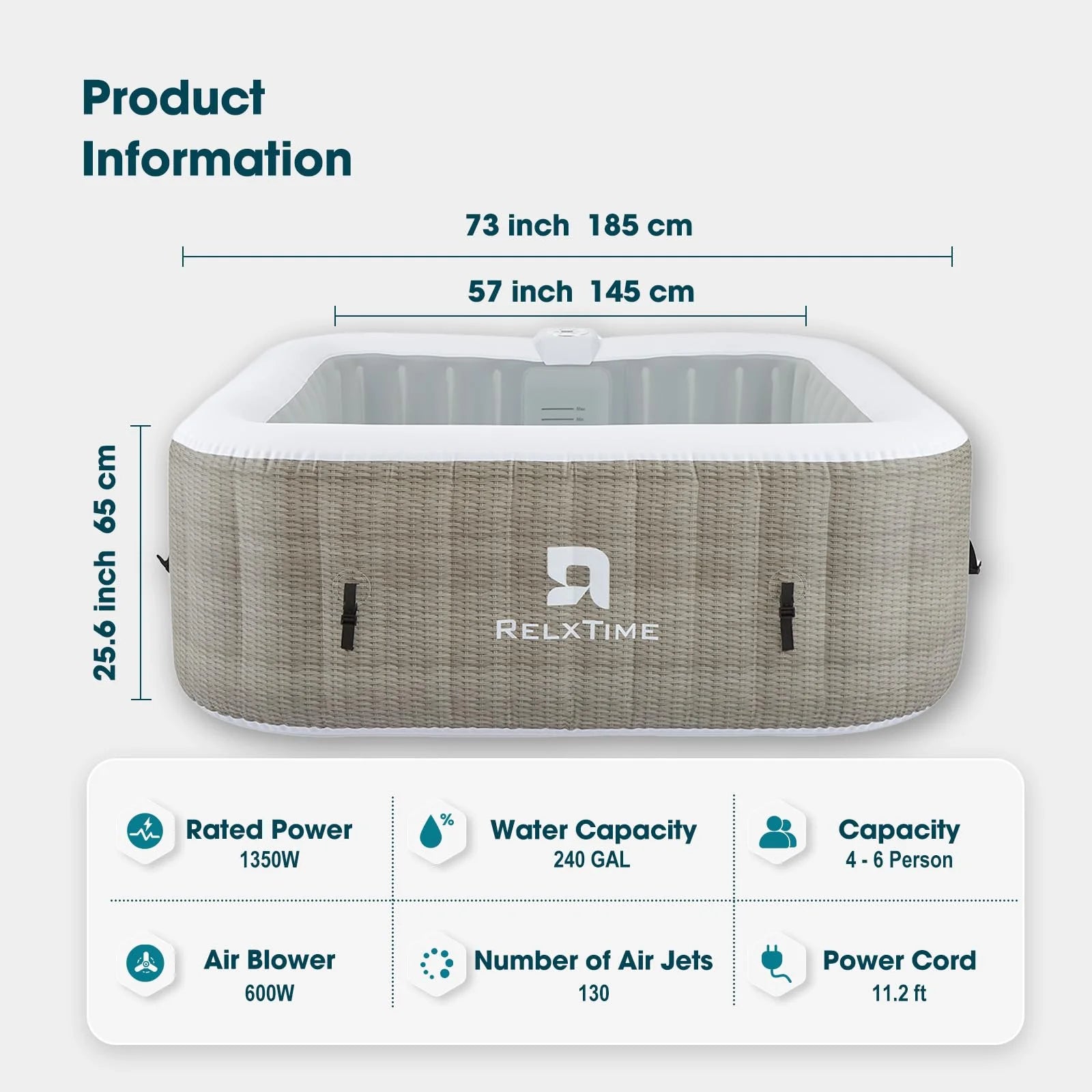 73" 4-6 Person Inflatable Hot Tub Outdoor Square Spa Pool Built in Heater Pump, 130 Massage Jets, Black