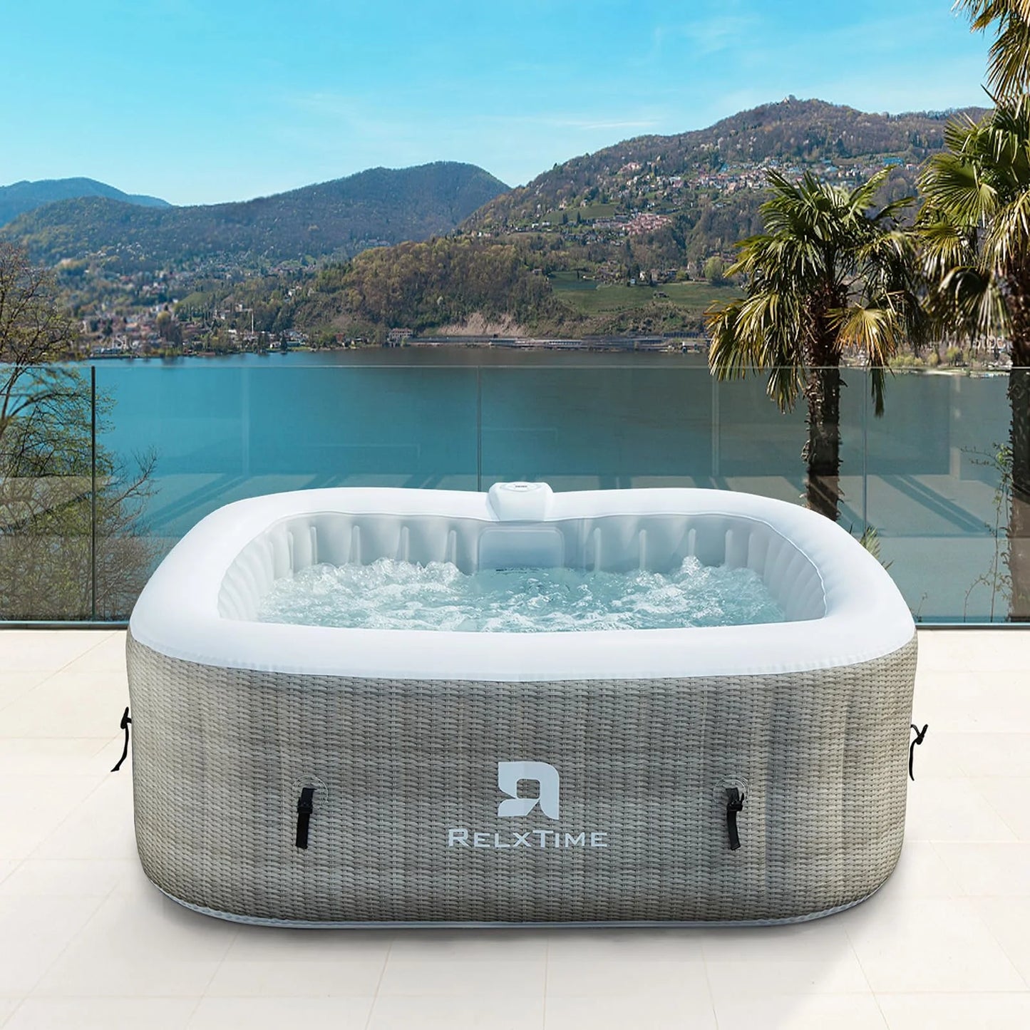 73" 4-6 Person Inflatable Hot Tub Outdoor Square Spa Pool Built in Heater Pump, 130 Massage Jets, Black