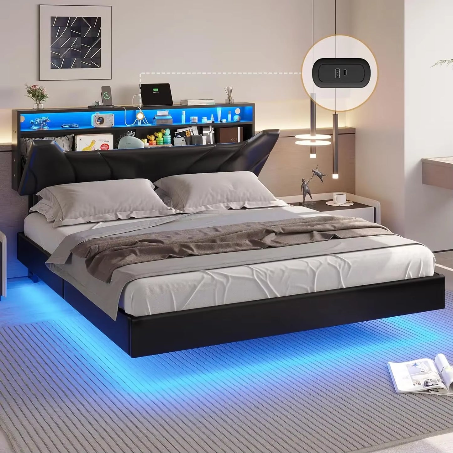 Queen Floating Bed Frame with Storage Headboard and LED Lights , LED Platformbed Frame with Type-C & USB Port and Storage